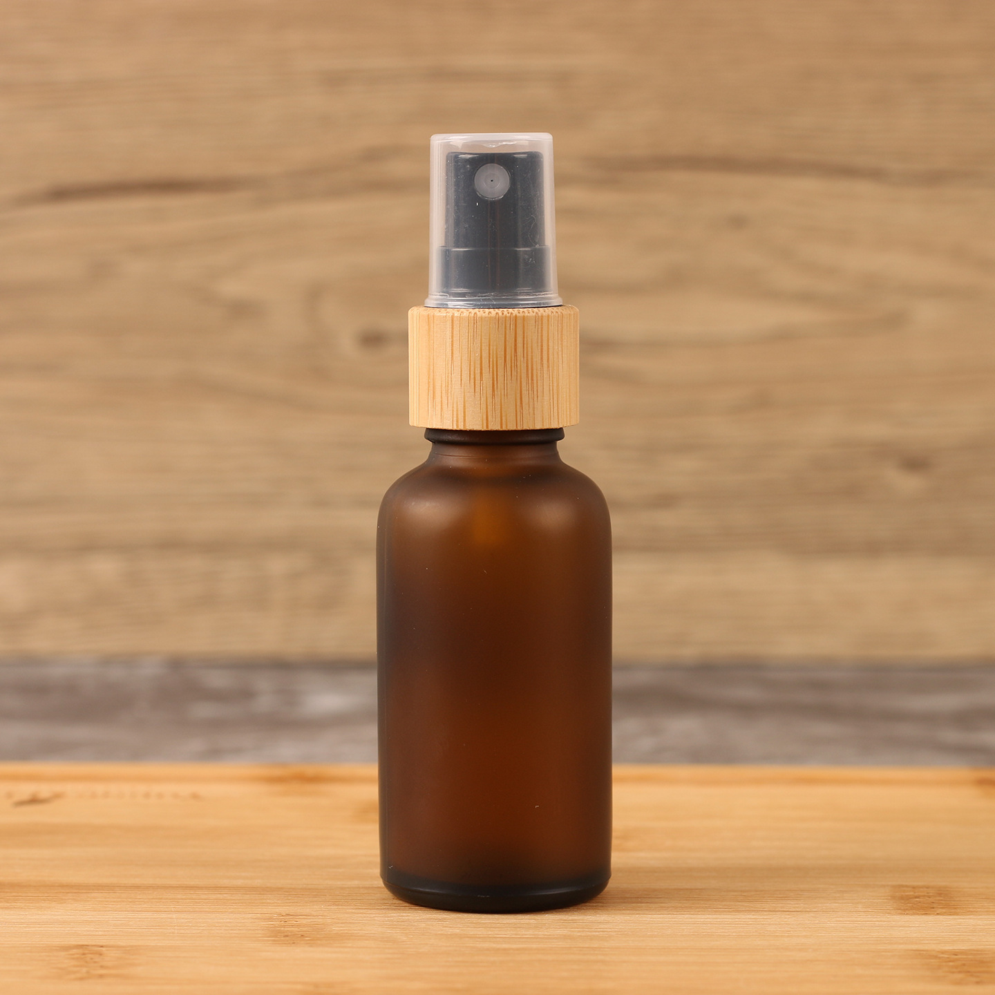 30ml spray bottle; brown frosted glass + bamboo