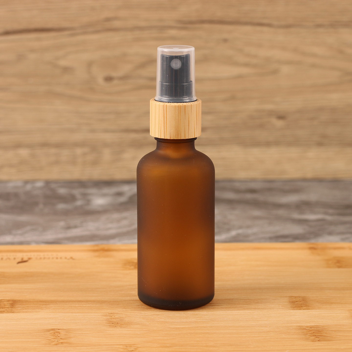 50ml spray bottle; brown frosted glass + bamboo