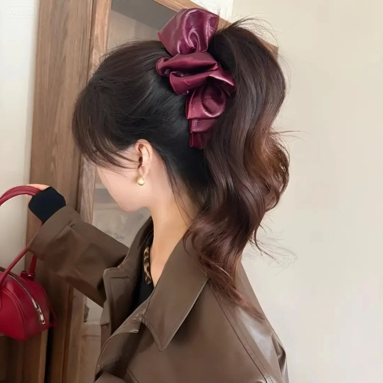 Burgundy leather multi-layered pleated clouds about 12.5cm hair grip
